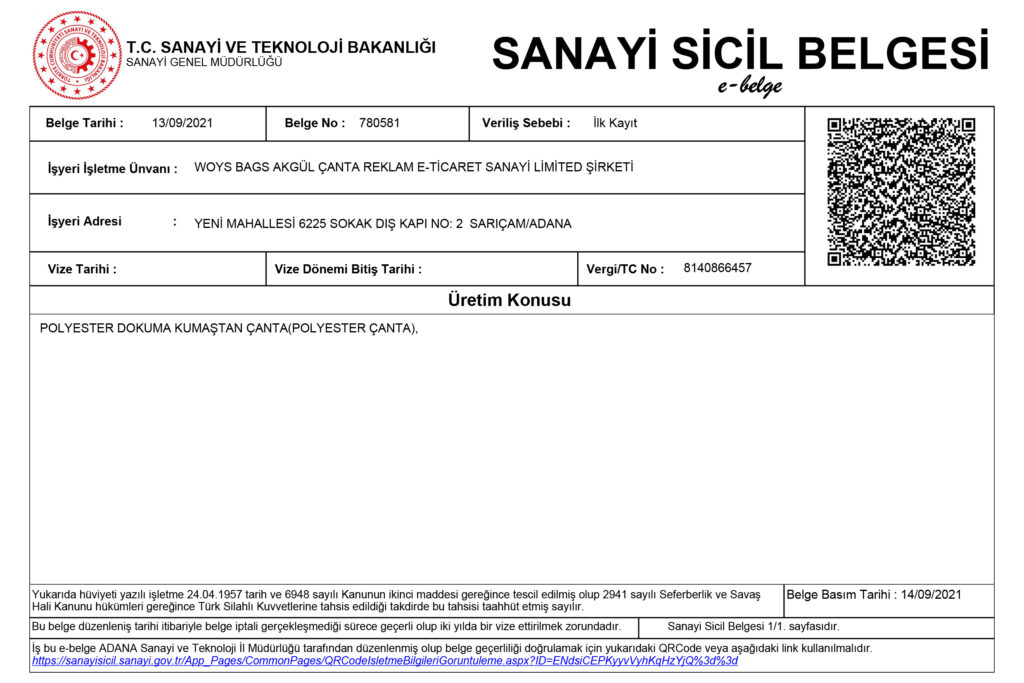 akgul canta sanayi sicil belgesi